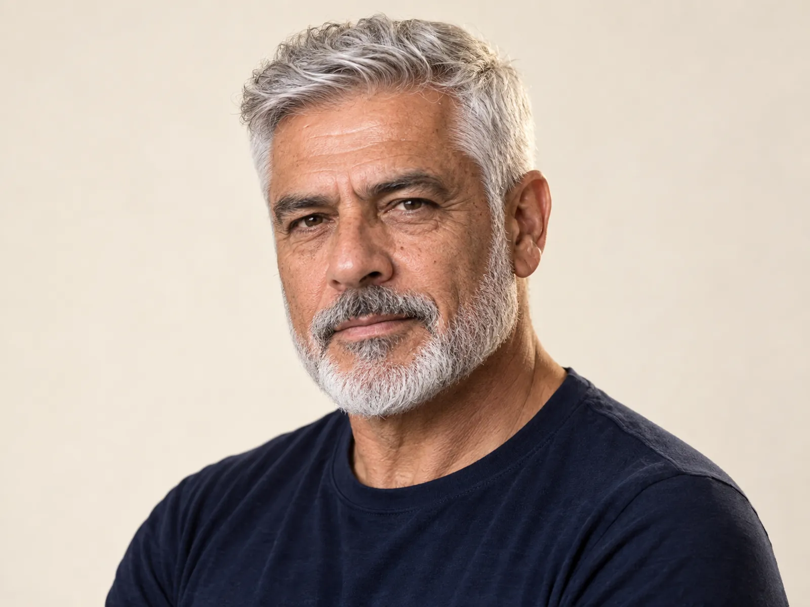 Hombre chileno de unos 60 años con barba blanca corta y bien perfilada