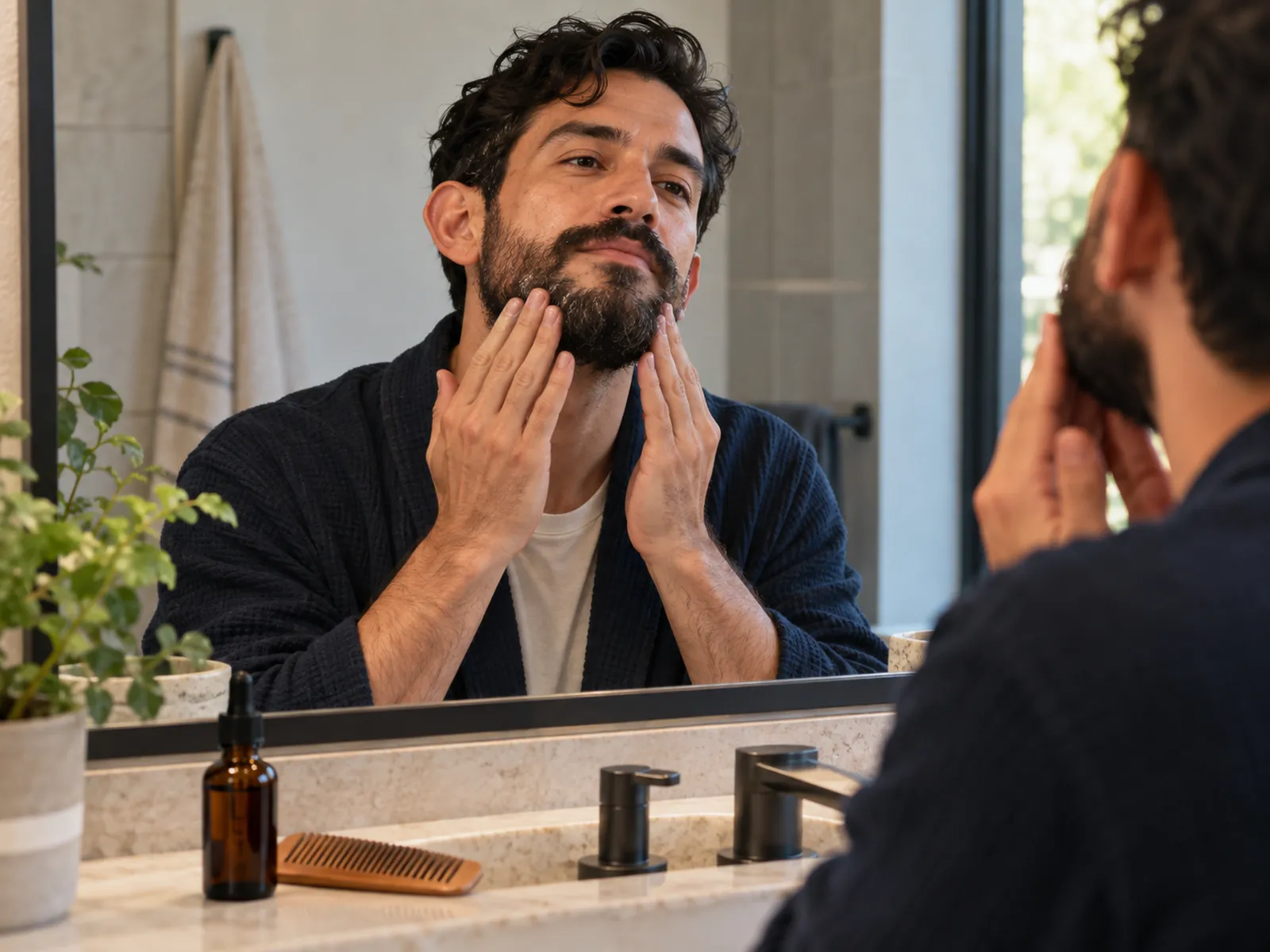 Hombre chileno aplicando aceite en su barba larga frente al espejo