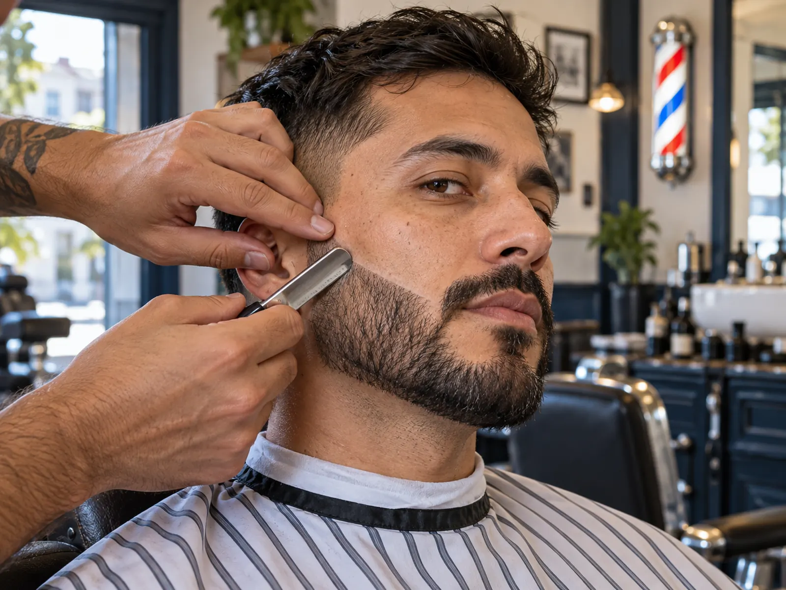 Barbero chileno marcando con navaja la línea de la mejilla de una barba
