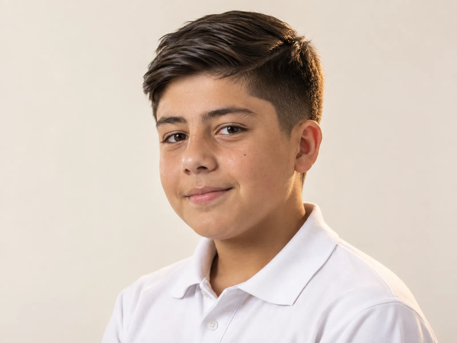 Escolar chileno con corte corto y prolijo, frente y orejas despejadas