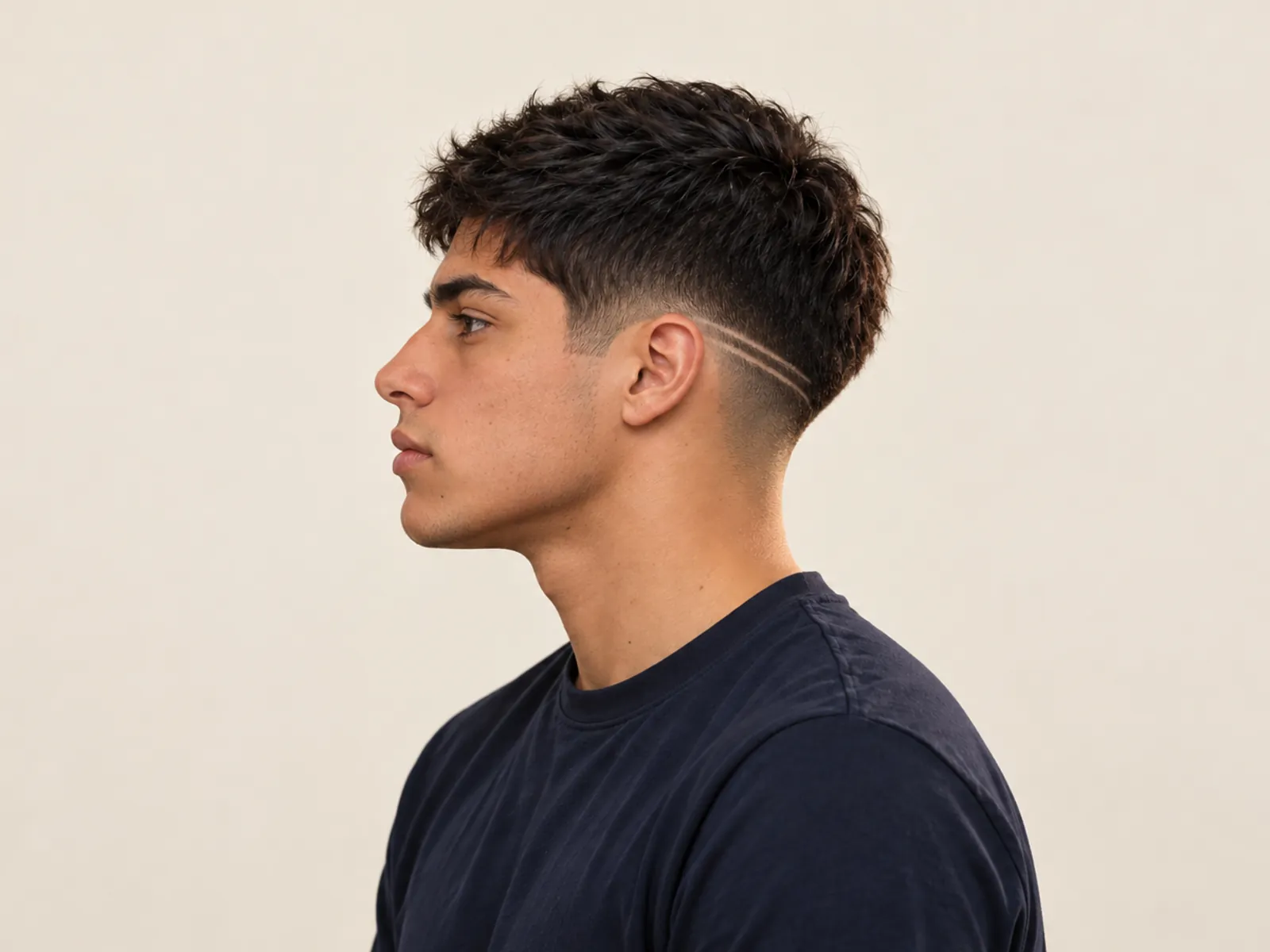 Hombre chileno de perfil con low fade y dos líneas de diseño en diagonal hacia la nuca