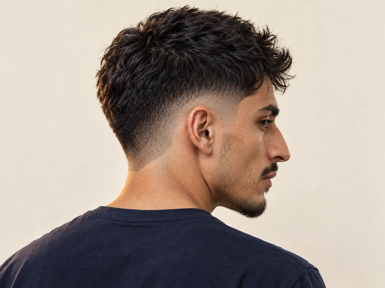 Hombre chileno de tres cuartos de espalda con drop fade que baja en curva detrás de la oreja