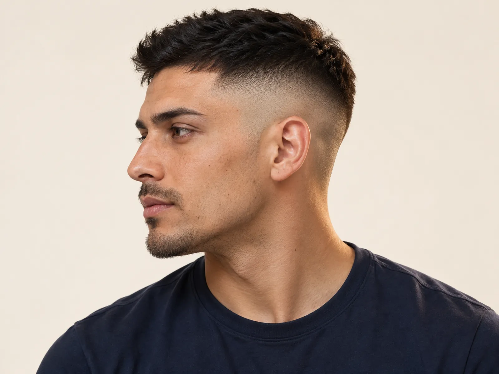 Hombre chileno de perfil con high fade: degradado alto donde empieza la curva de la cabeza