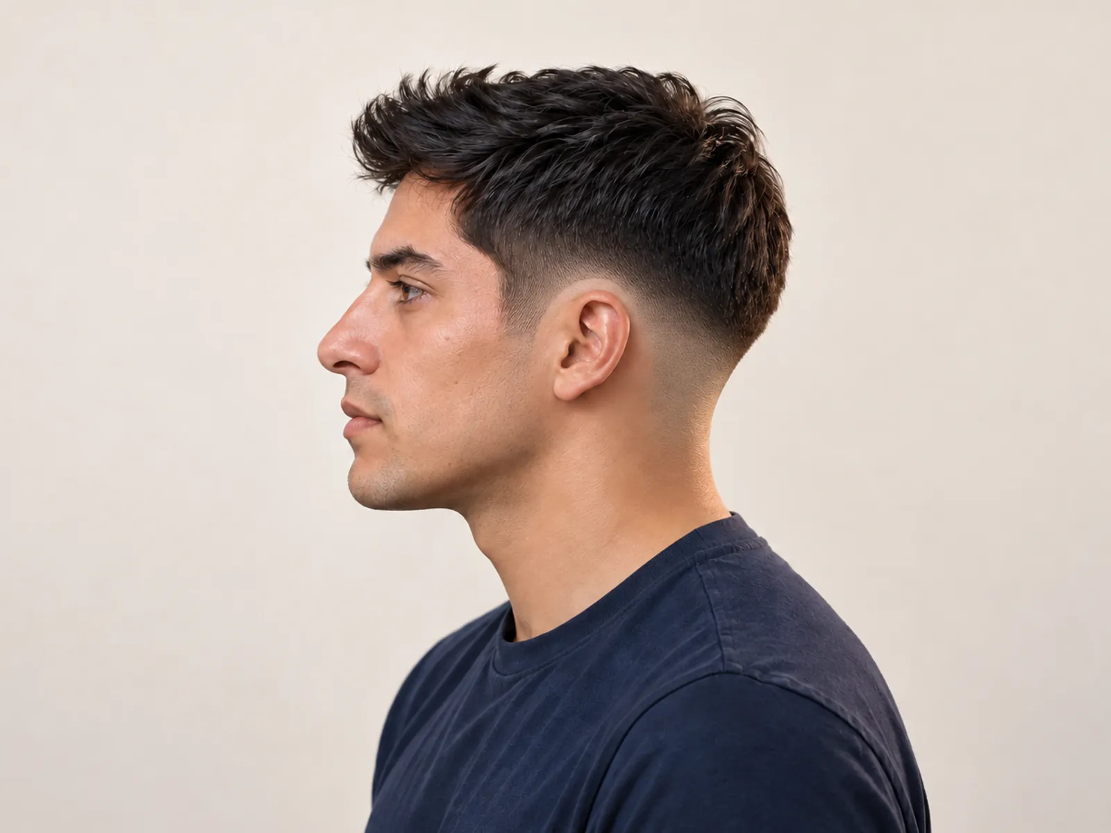 Hombre chileno de perfil con low fade: el degradado empieza bajo, cerca de la oreja