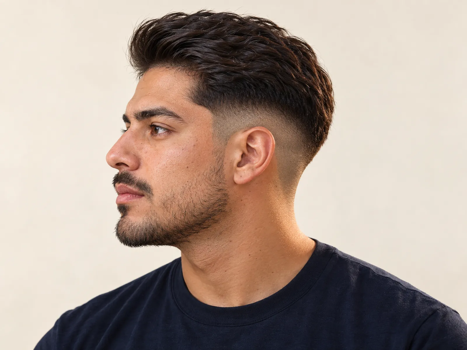 Hombre chileno de perfil con mid fade: degradado que empieza a la altura de la sien