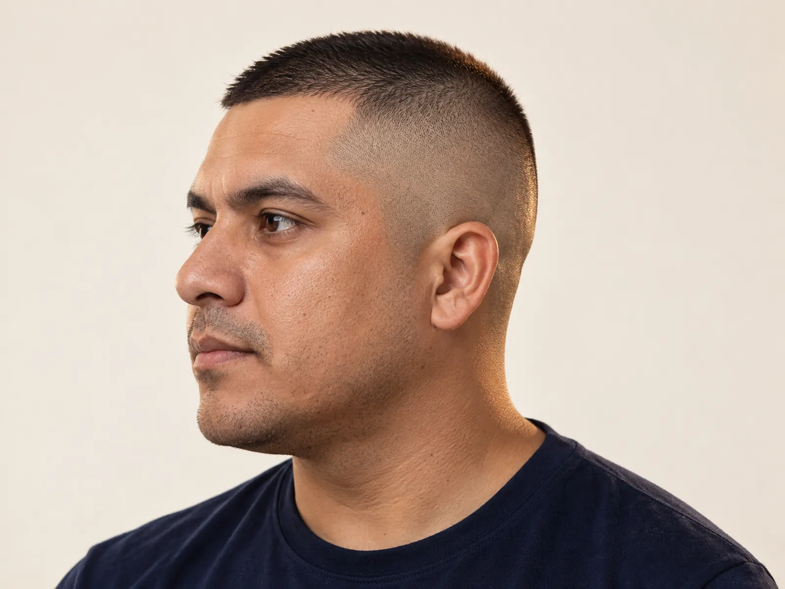 Hombre chileno de perfil con corte militar: costados casi al ras y arriba muy corto