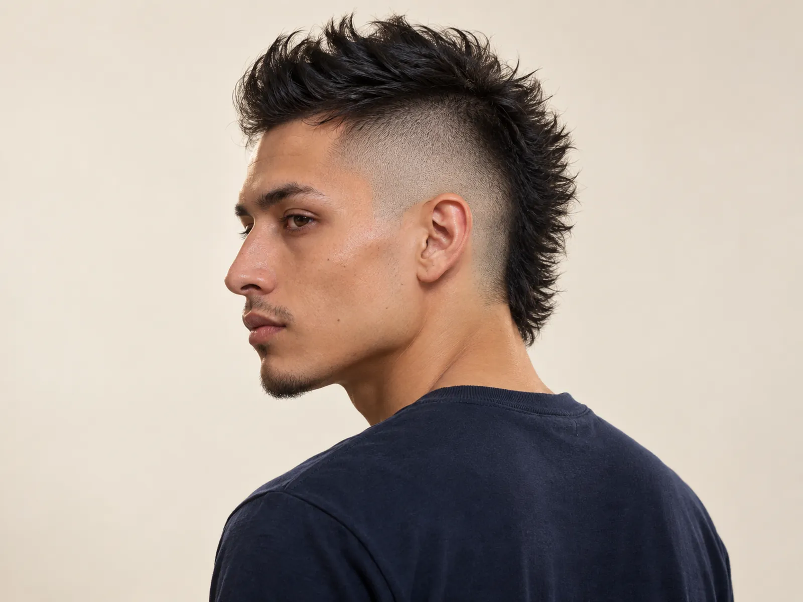 Hombre chileno de tres cuartos con mohicano: franja central y costados rapados
