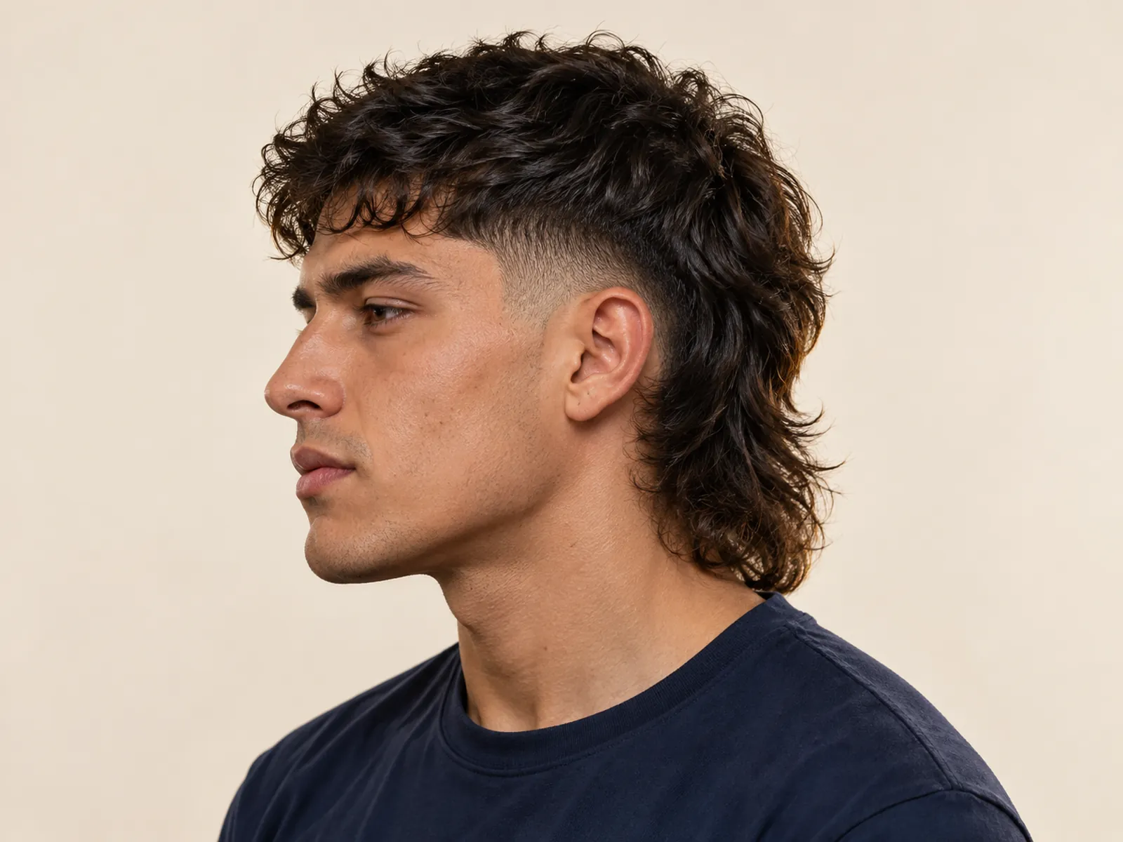 Hombre chileno de perfil con mullet moderno: adelante corto y nuca larga