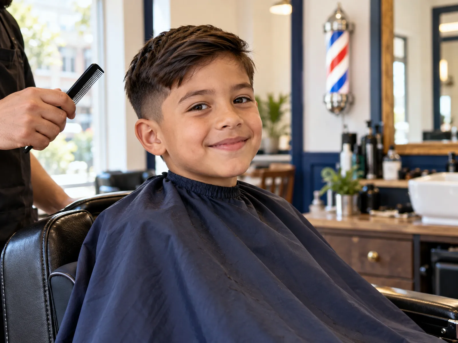 Niño chileno sentado en el sillón de la barbería con un corte corto y prolijo
