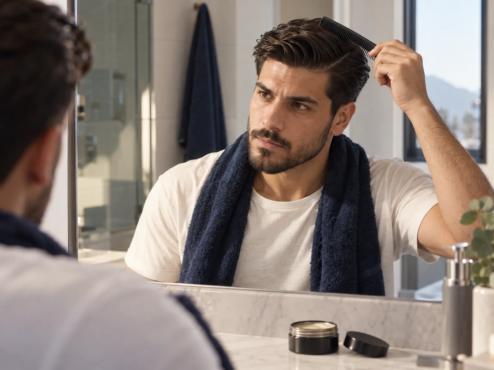 Hombre chileno peinándose el pelo hacia atrás con peine frente al espejo