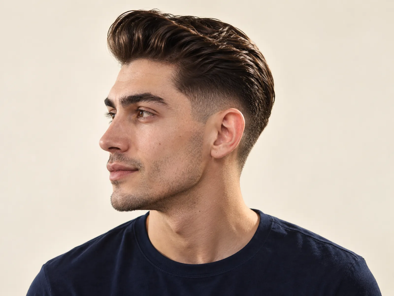Hombre chileno de perfil con pompadour: gran volumen adelante peinado hacia atrás