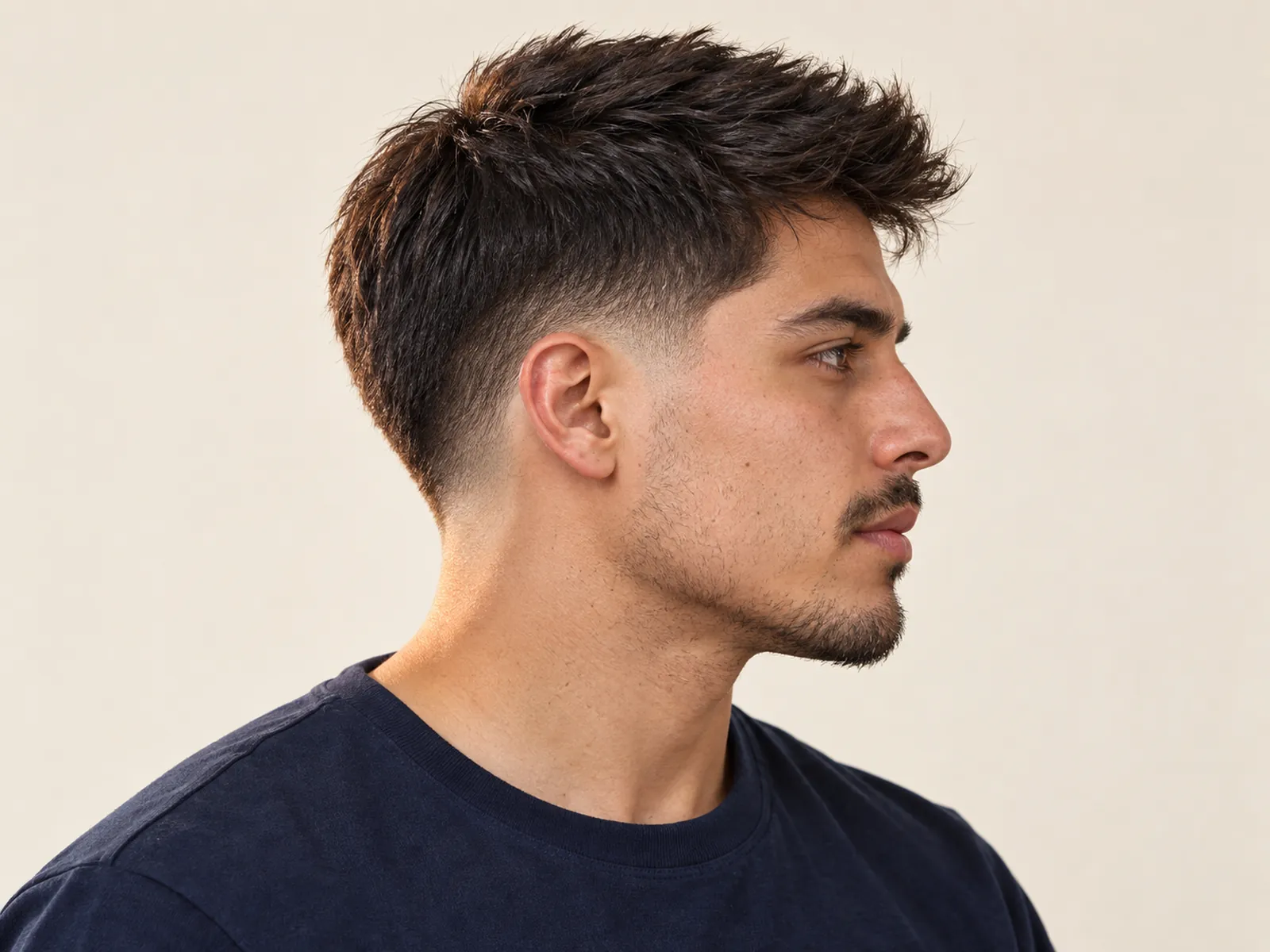 Hombre chileno de perfil con taper fade: patilla y nuca degradadas casi a piel y textura arriba