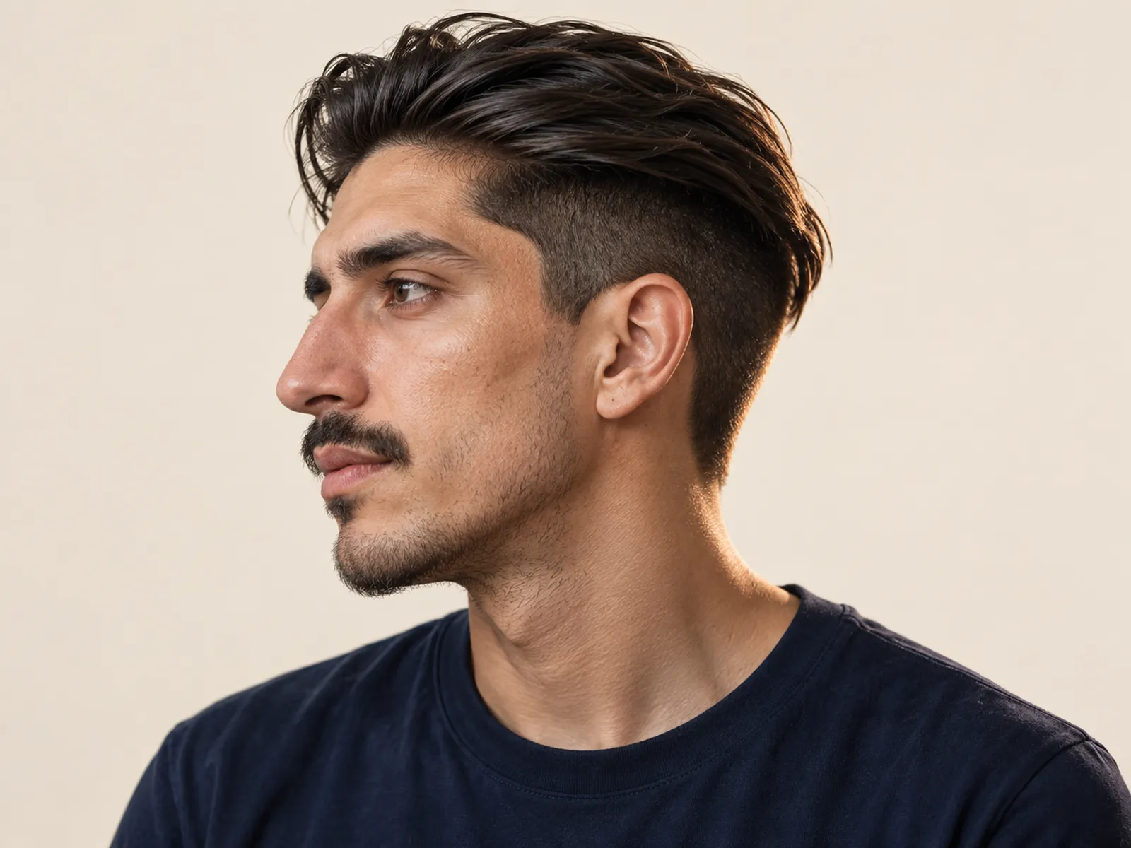Hombre chileno de perfil con undercut: lados rapados parejos y arriba largo hacia atrás