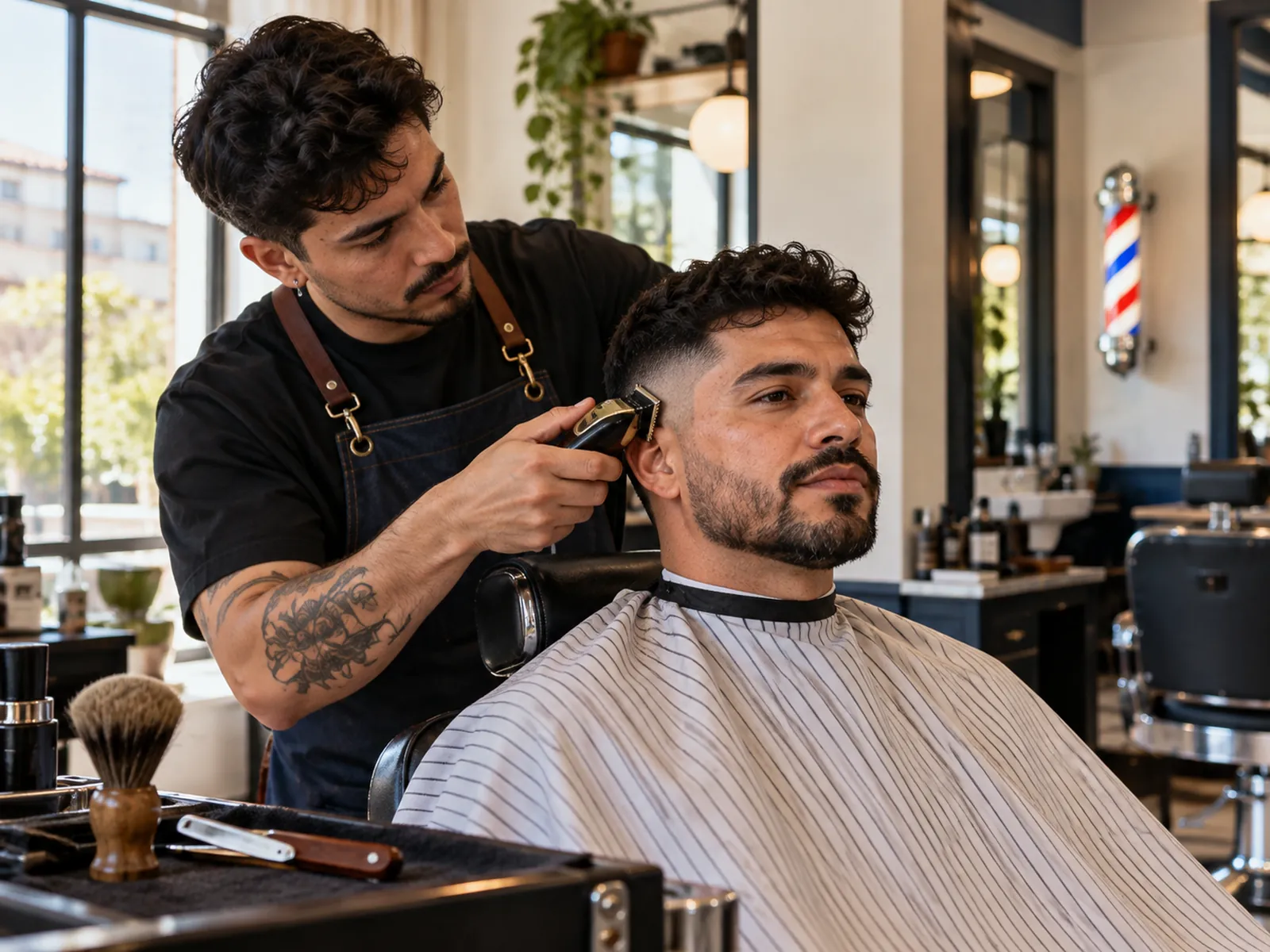 Barbero chileno trabajando con máquina y navaja en un corte masculino