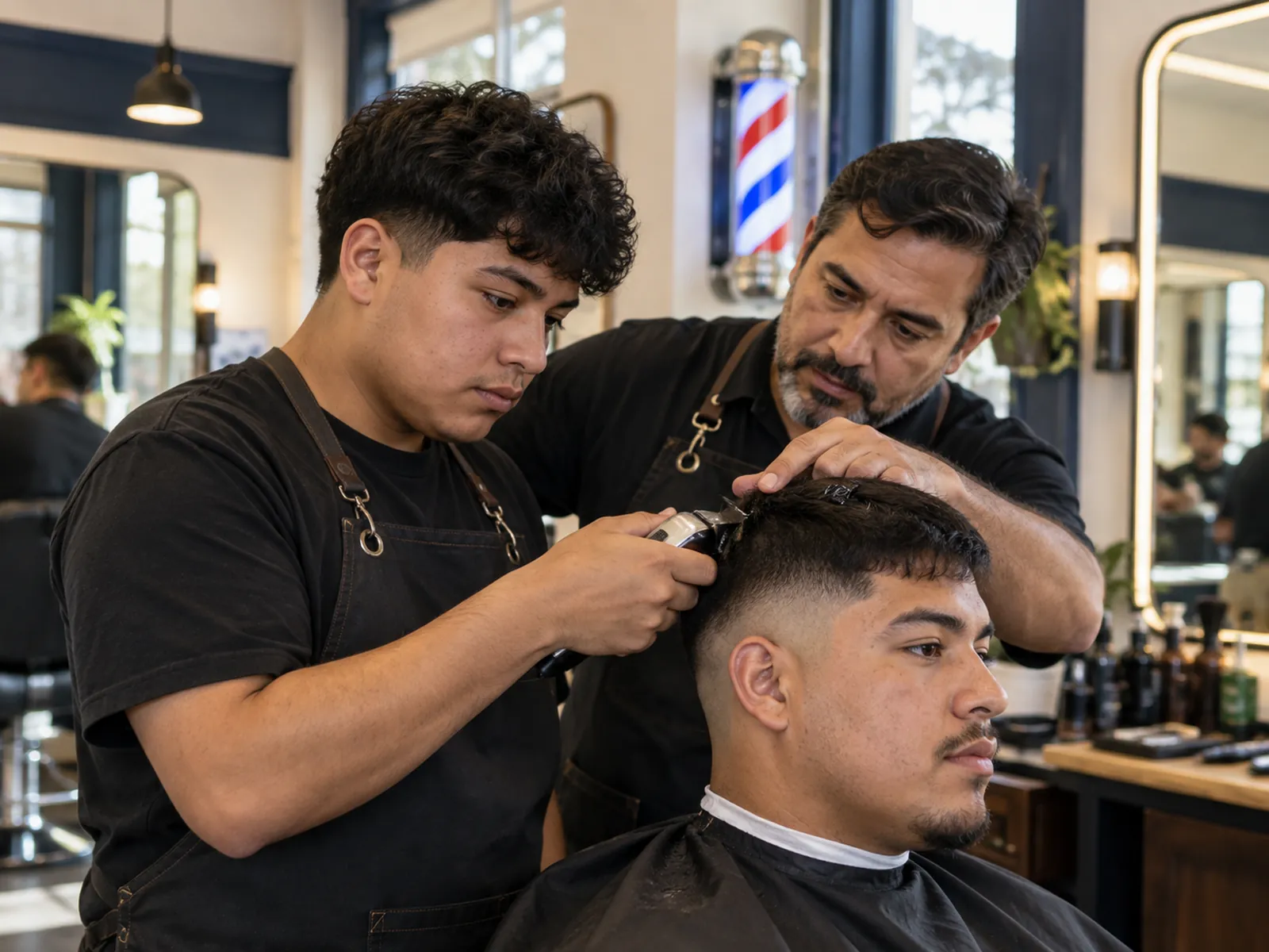 Estudiante de barbería practicando un degradado bajo la supervisión de su instructor