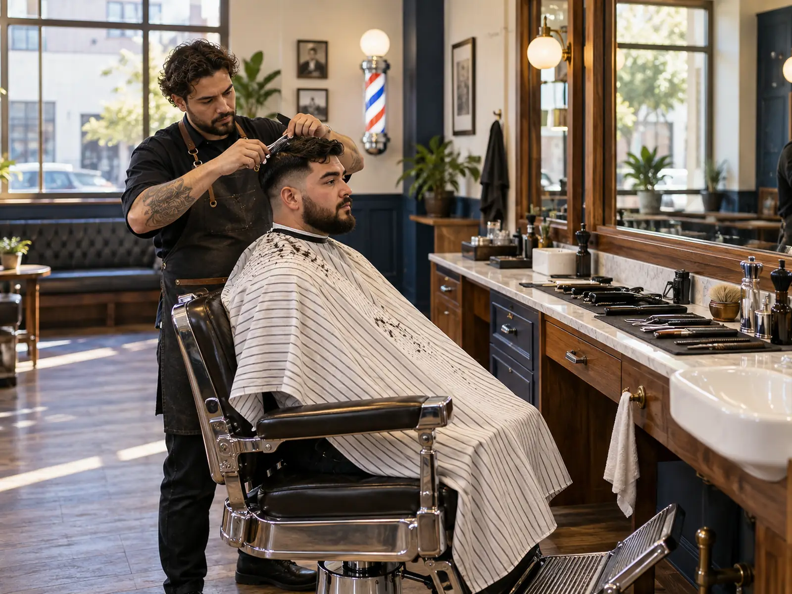 Interior de una barbería en Chile con sillón clásico y barbero atendiendo