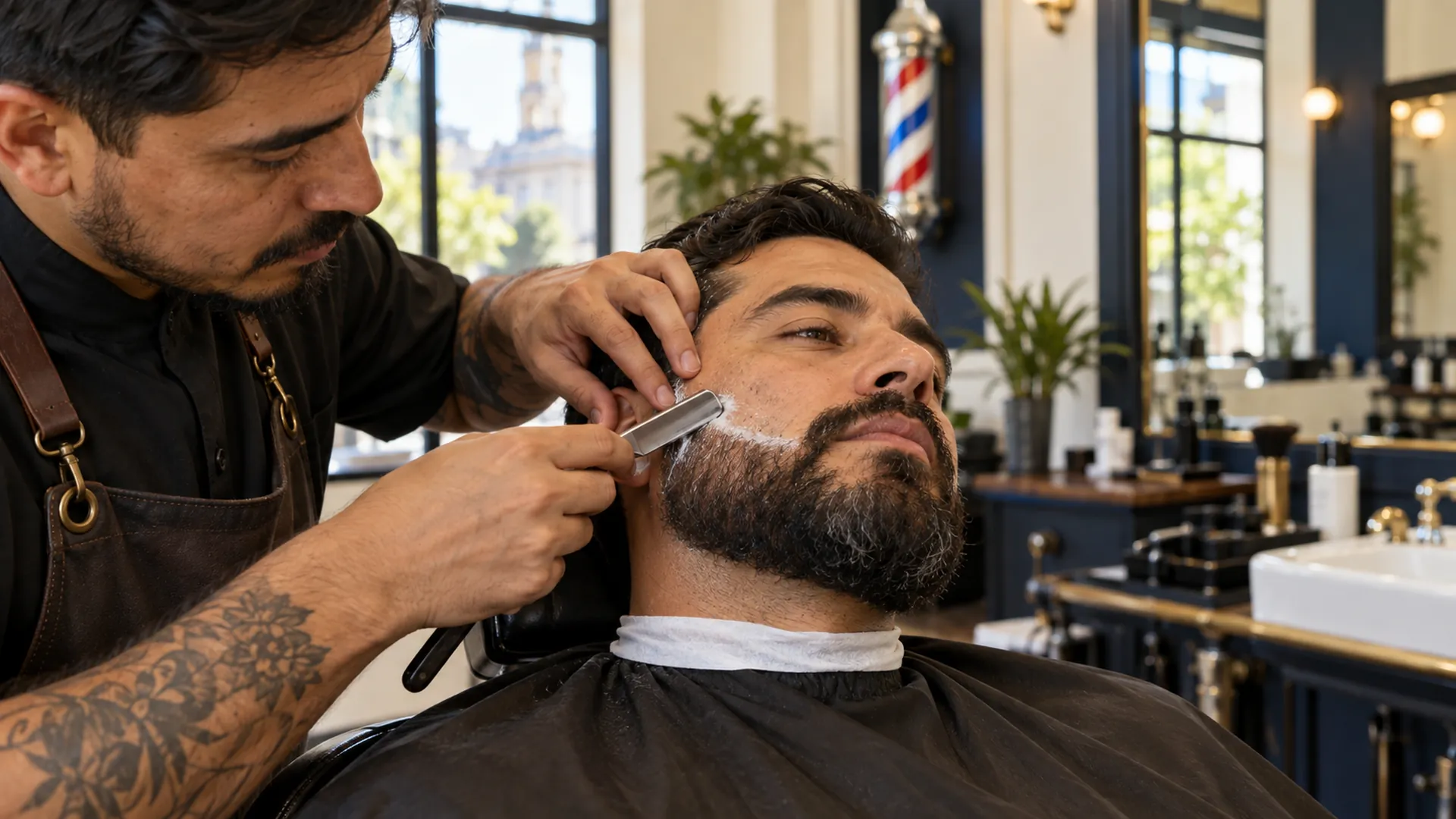 Barbero perfilando la barba de un cliente con navaja en una barbería de Chile