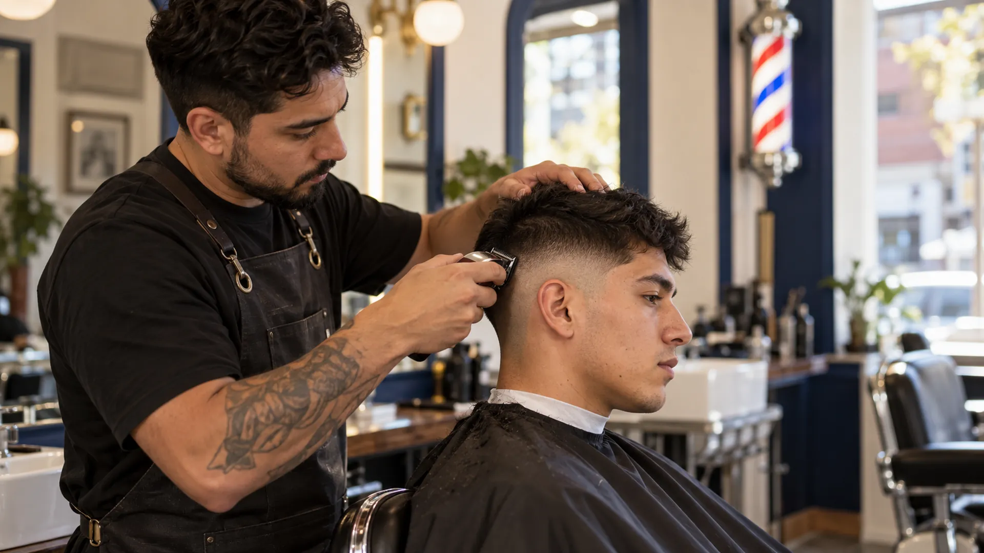 Barbero haciendo un degradado con máquina a un cliente en una barbería de Chile