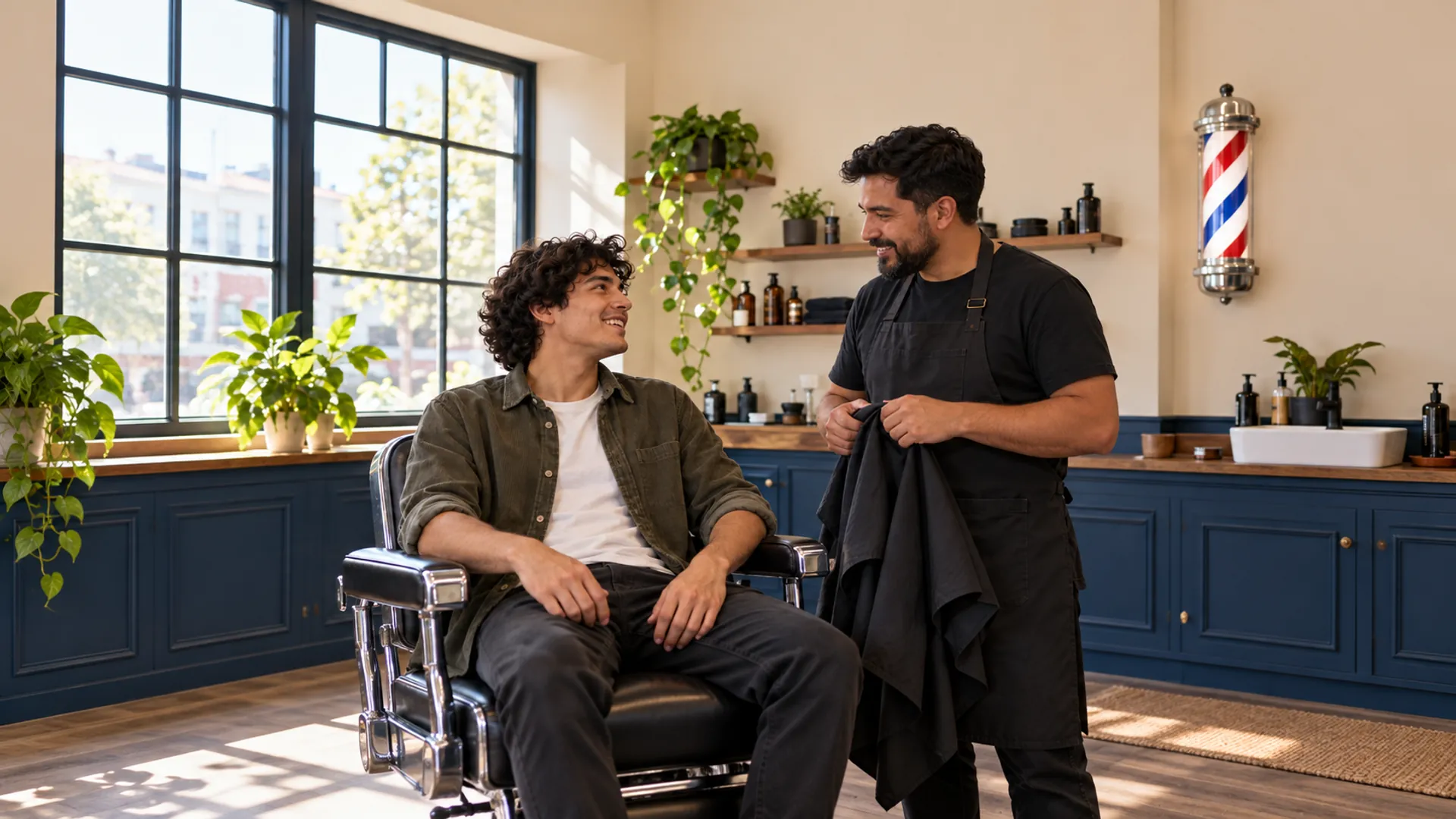 Barbero conversando con su cliente junto al sillón antes del corte